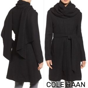 Cole Haan Signature Wool-Blend Belted Dress Coat w/Attached Scarf in Black Sz 6